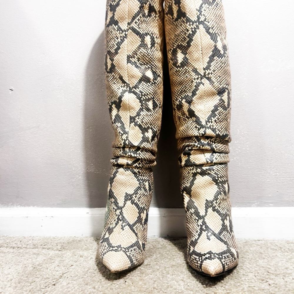 Vince Camuto Snake Print Heeled Boots - Tan and Black